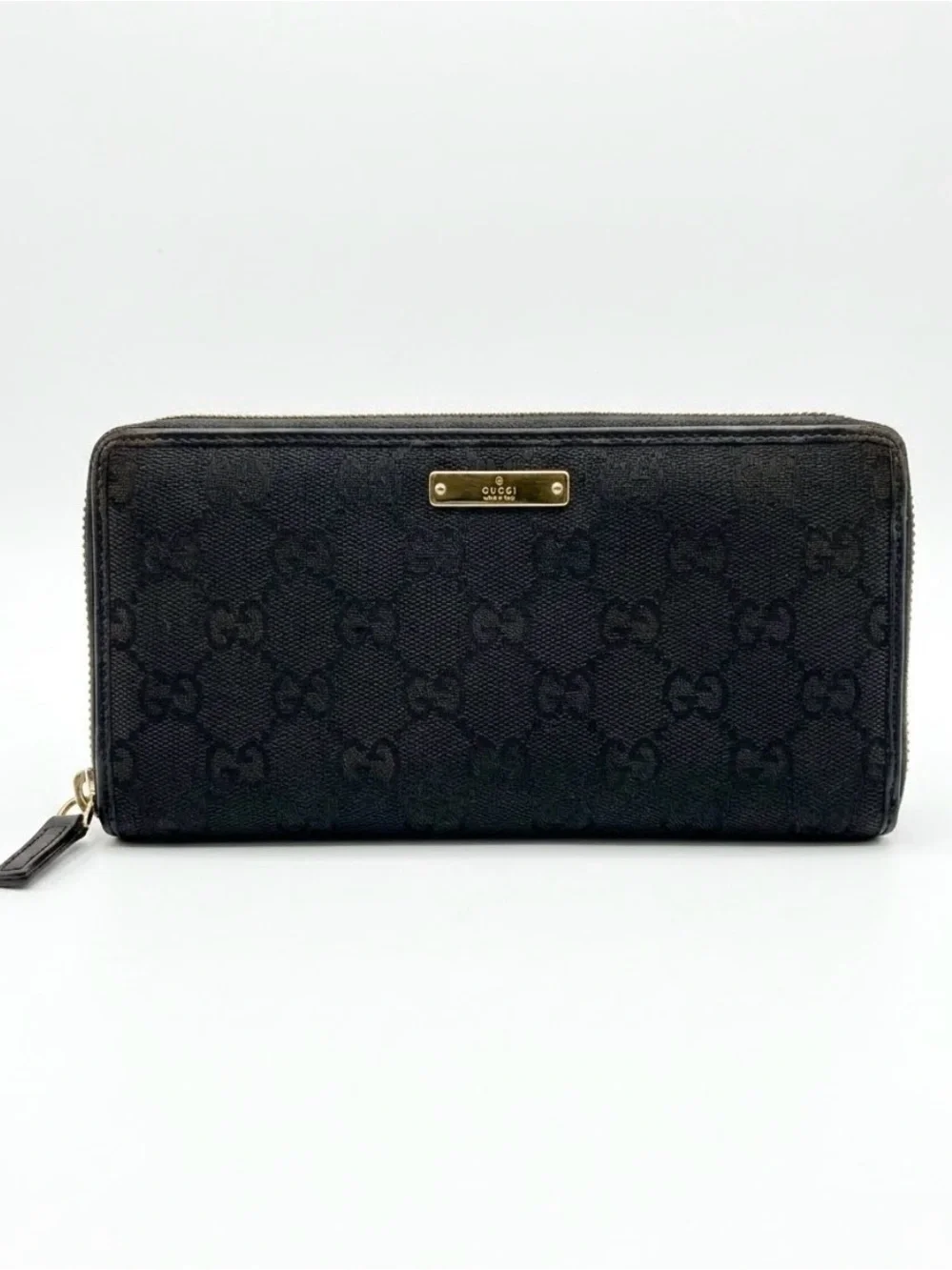 GUCCI Black GG Monogram Zip Wallet with Gold Name Plaque